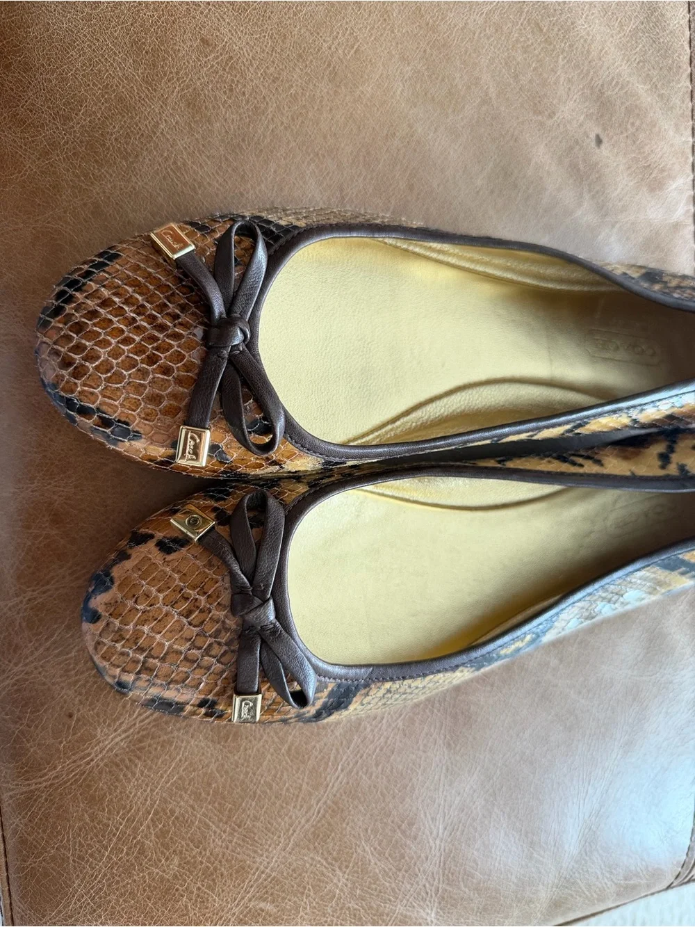 coach snakeskin ballet flats with brown leather bow